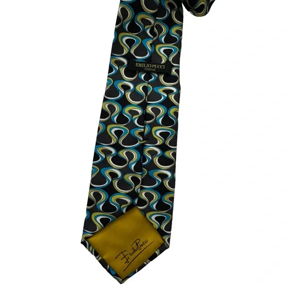 Emilio Pucci Black and Blue Geometric Silk Tie - Picture 4 of 5